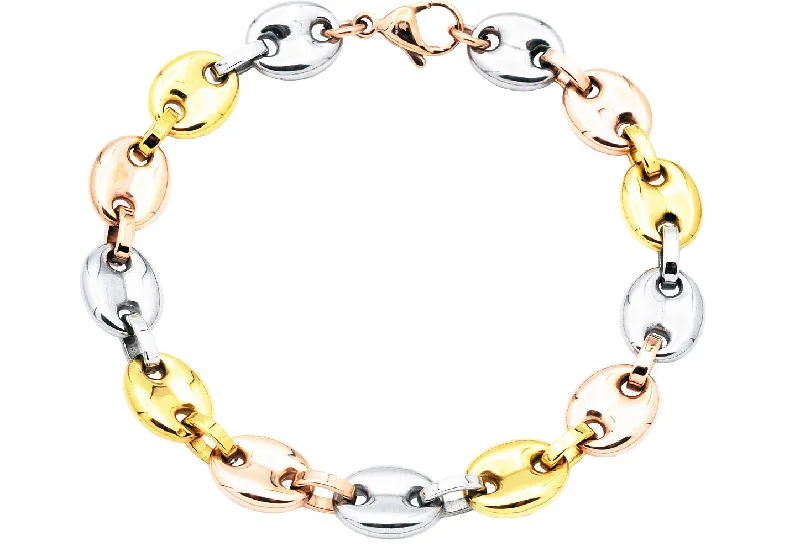 Women’s chic leather bangles-Mens Tri Color Stainless Steel Puff Mariner Link Chain Bracelet