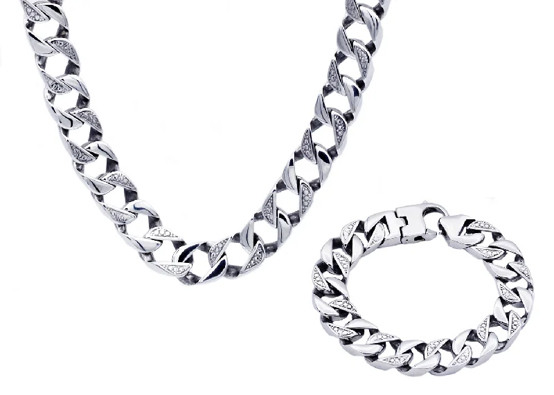 Women’s beaded bracelets-Mens 14mm Stainless Steel Pave Cuban Link Bracelet & Necklace Chain Set