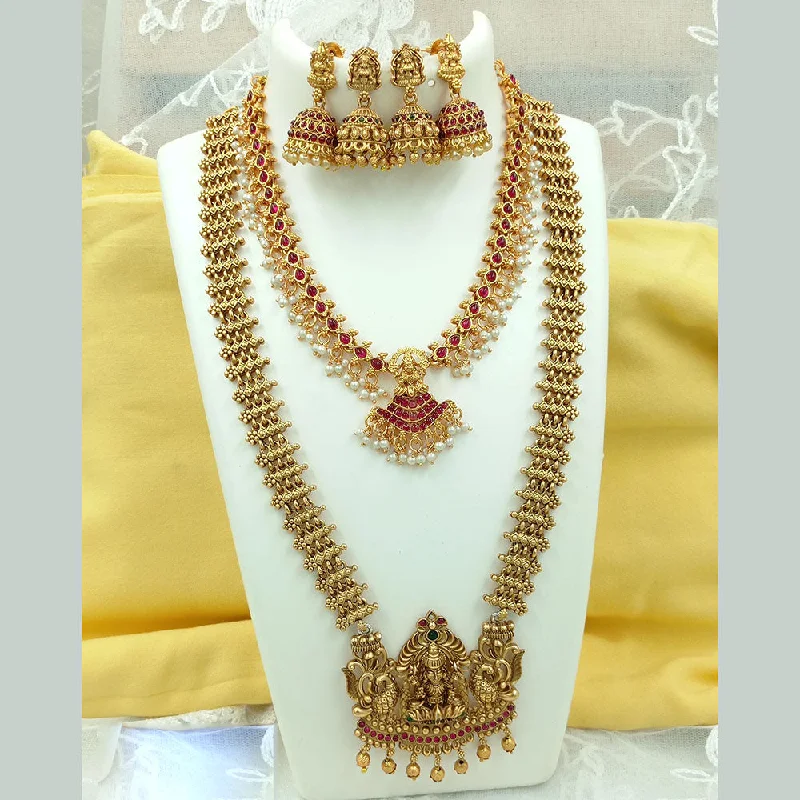 Women’s pearl pendant necklaces-Joyful Jewel Art Matte Gold Plated Kundan Stone And Temple Double Necklace Set