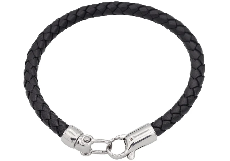 Women’s inspirational bracelets-Mens Black Leather Stainless Steel Bracelet