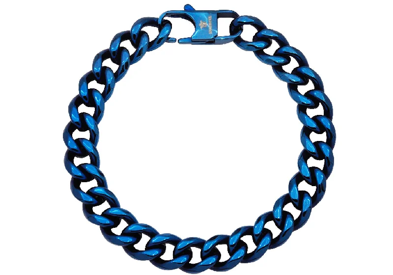 Women’s bohemian bracelets-Mens 10mm Blue Plated Stainless Steel Cuban Link Chain Bracelet