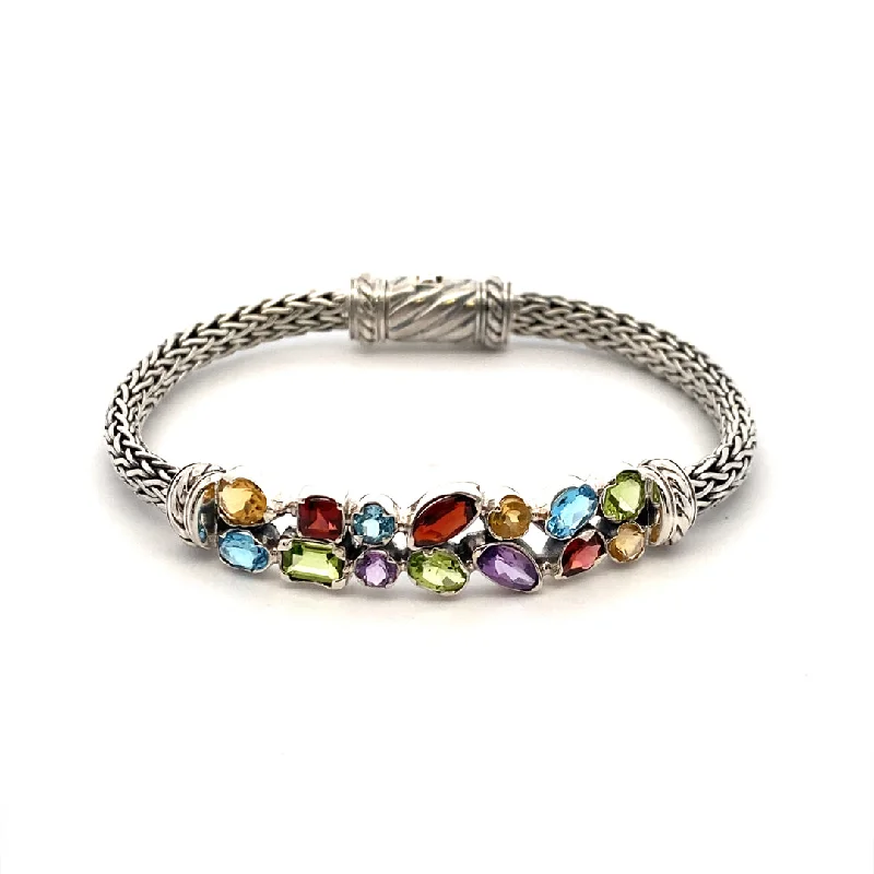 Women’s luxury bracelets-Sterling Silver Multi Gemstone Cluster Bracelet by Samuel B.