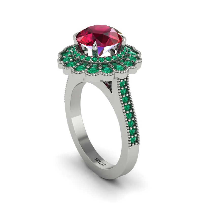 Women’s non-traditional engagement rings-Emerald Double Halo Cathedral Engagement Ring - Deirdre No. 27