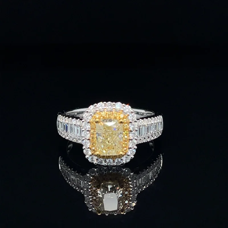 Women’s engagement rings with sapphire accents-Fancy Yellow & White Diamond Halo Baguette Engagement Ring - #537 - RGDIA668966