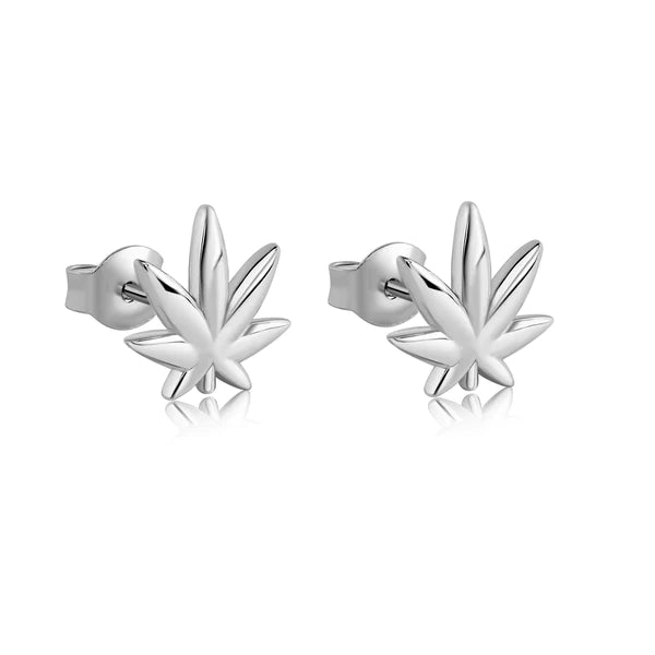 Women’s diamond hoop earrings-Silver 925 Rhodium Plated Cannabis Stud Earrings