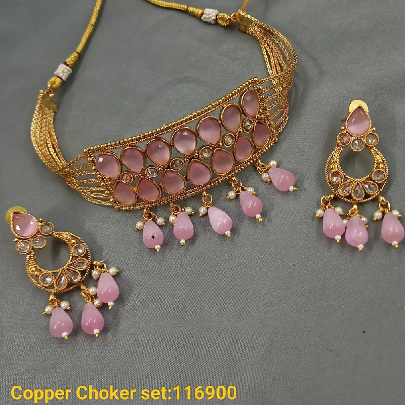 Women’s romantic necklaces-Padmawati Bangles Copper Gold Plated Crystal Stone & Beads Choker Necklace Set