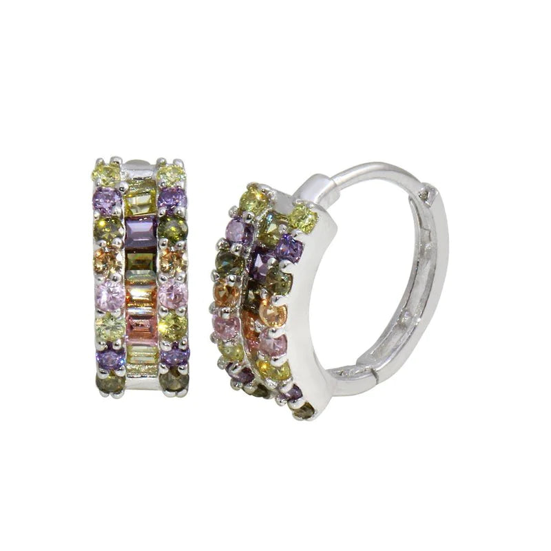 Women’s vintage earrings-Silver 925 Rhodium Plated Multi-Colored CZ Stone huggiehoop Earrings