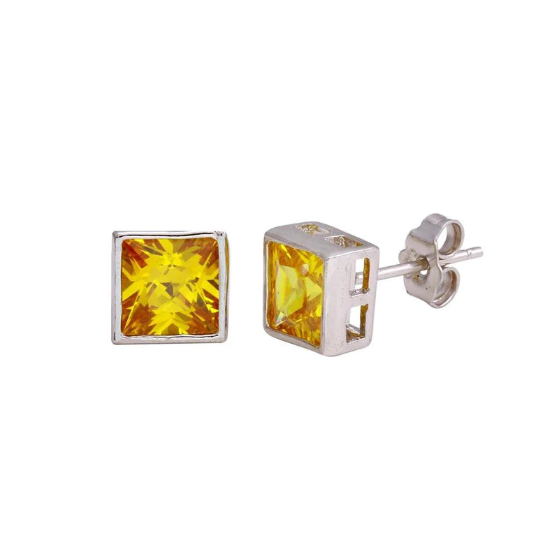 Women’s geometric earrings-Silver 925 Rhodium Plated Square Yellow CZ Stud Earrings