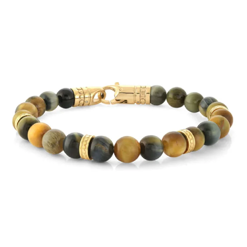 Women’s pearl-studded bracelets-Stainless Steel IP Gold Tiger's Eye Bead Men's Bracelet