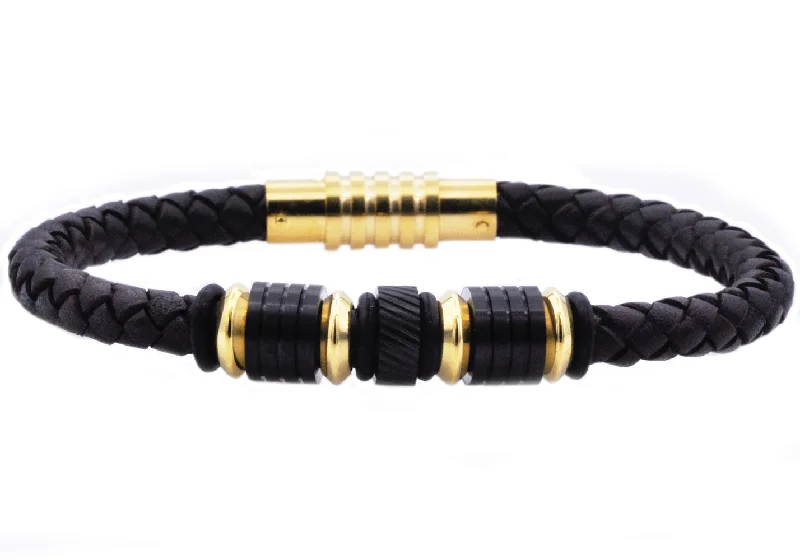 Women’s designer bracelets-Mens Black Leather Gold Stainless Steel Bracelet