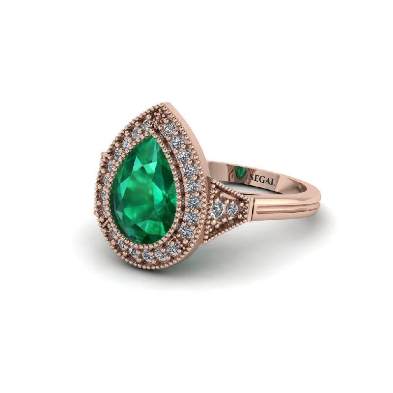 Women’s engagement rings with diamond border-Pear Cut Emerald Milgrain Halo Engagement Ring - Daleyza No. 5