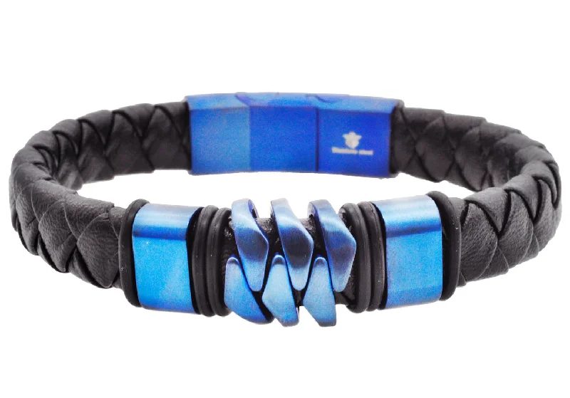 Women’s festive bangles-Mens Genuine Black Leather Blue Stainless Steel Bracelet