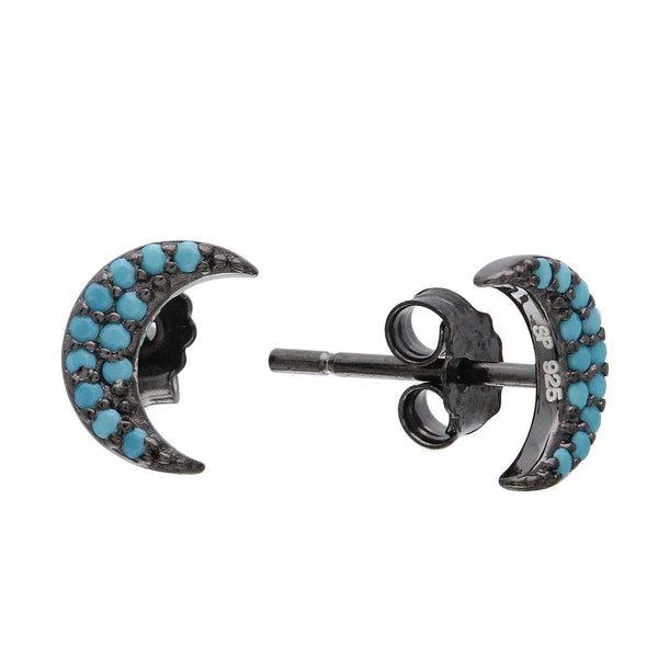 Women’s tribal earrings-Silver 925 Black Rhodium Plated Half Moon Turquoise Stone Earrings