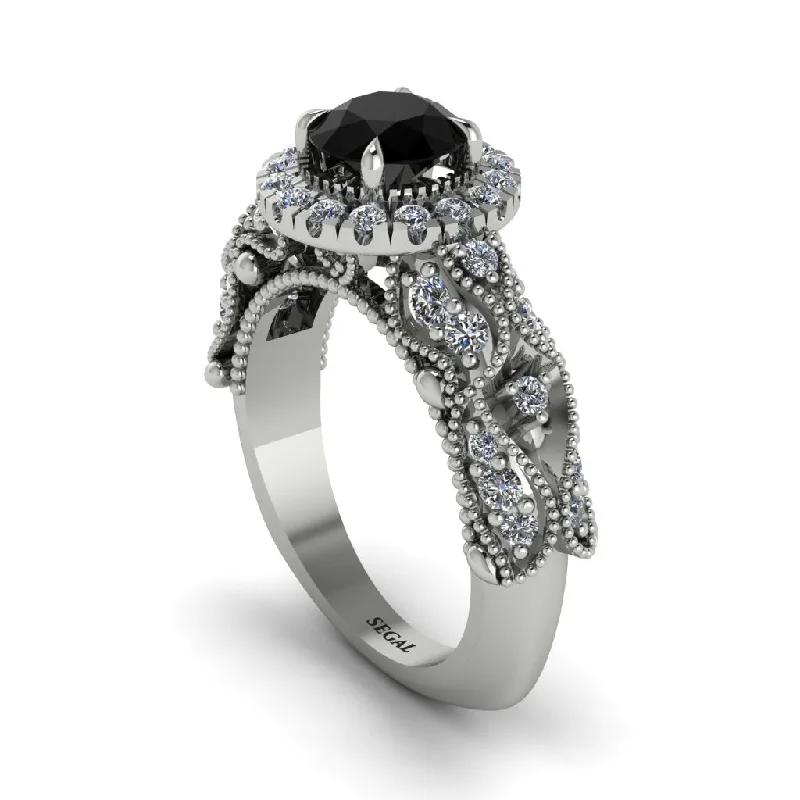 Women’s white gold engagement rings-Exclusive Halo Black Diamond Milgrain Engagement Ring - Kendra No. 9