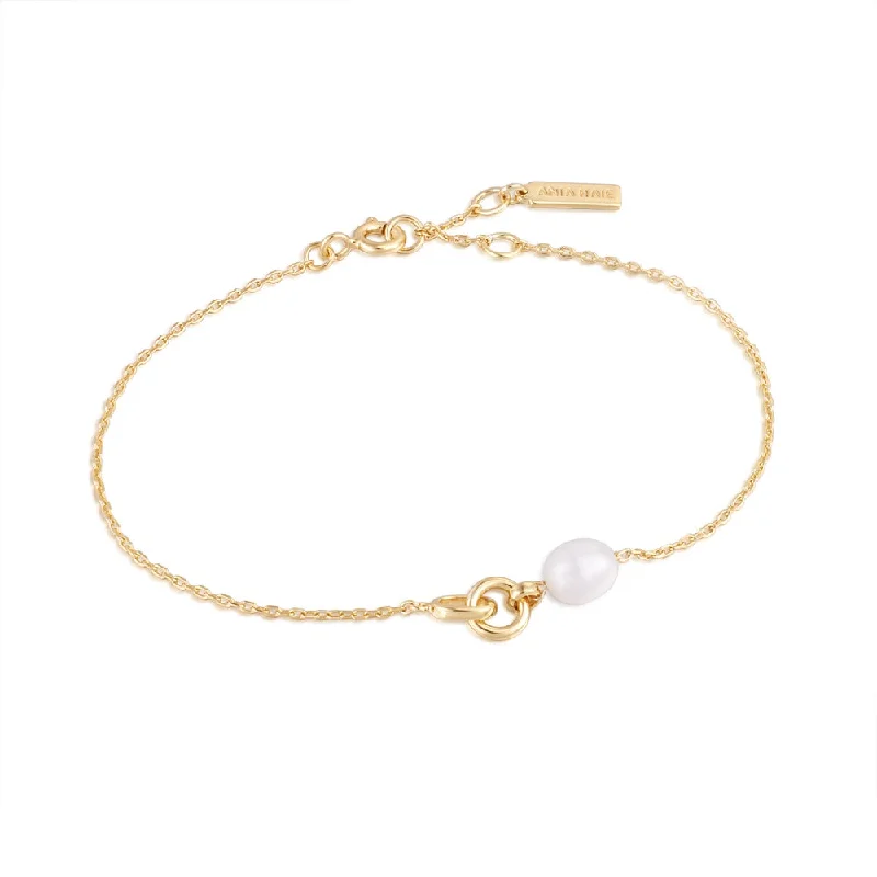 Women’s trendy bracelets-14K Yellow Gold Plated Pearl Interlocking Link Bracelet by Ania Haie