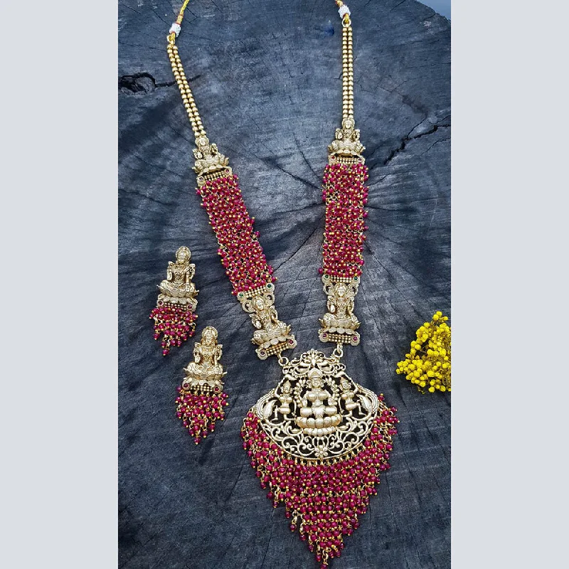 Women’s heart lock necklaces-Sangita Creation  Copper Gold  Pota Stone Temple Long  Necklace Set