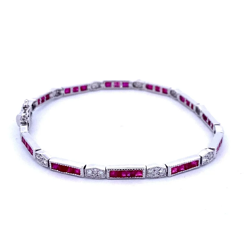 Women’s cuff bracelets-14K White Gold 4.66ctw Ruby & Diamond Antique Style Link Bracelet