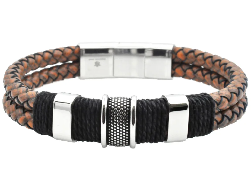 Women’s wrap-around bracelets-Mens Double Strand Genuine Brown Distressed Leather Stainless Steel Bracelet