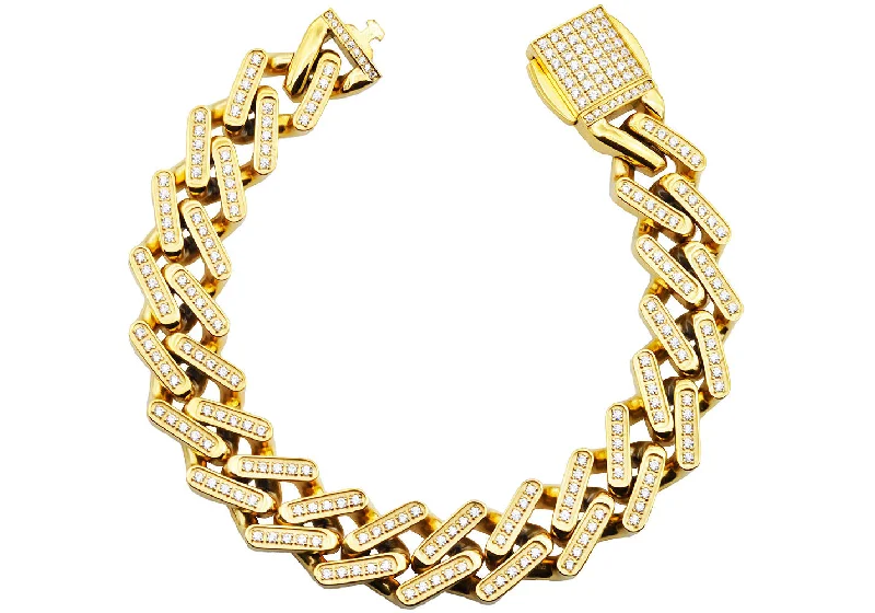 Women’s crystal bracelets-Mens Gold Stainless Steel 14mm Monaco Link Chain Bracelet With Cubic Zirconia