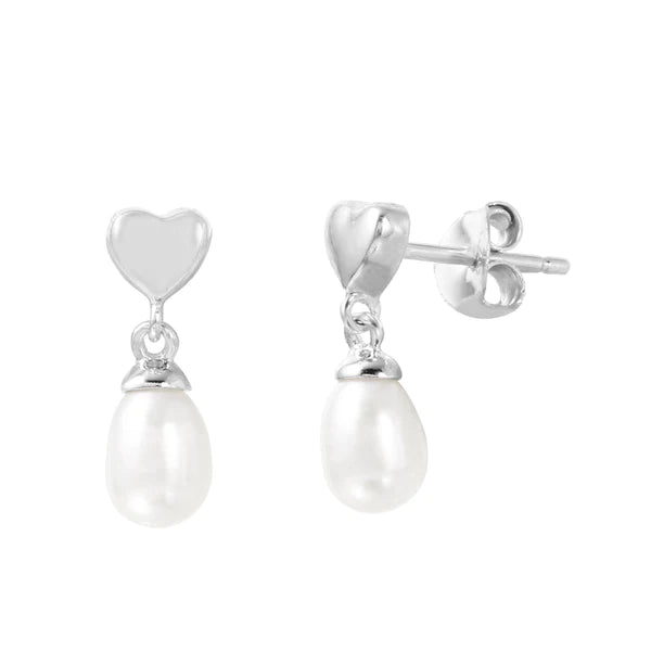 Women’s gold hoop earrings-Silver 925 Rhodium Plated Heart with Dangling Fresh Water Pearl Post Earrings