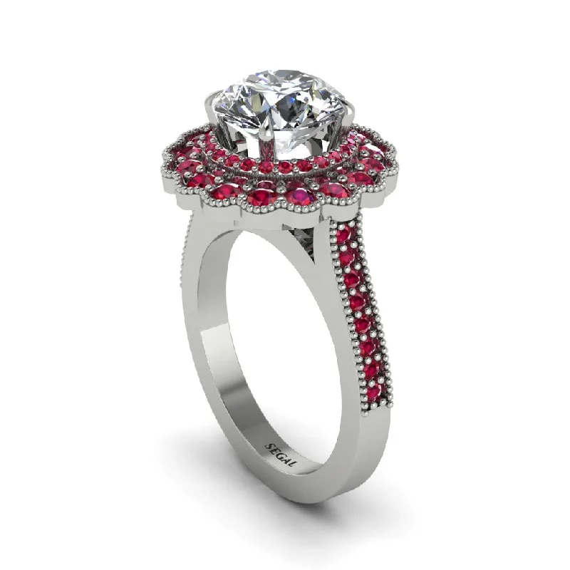 Women’s engagement rings with floral designs-Ruby Double Halo Cathedral Engagement Ring - Deirdre No. 48