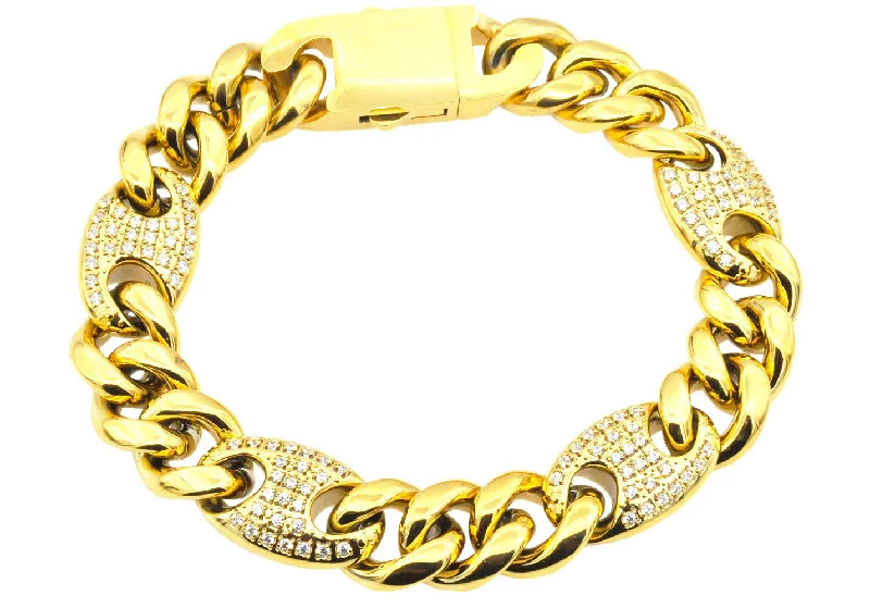 Women’s elegant bangles-Mens 10mm Gold Plated Stainless Steel Mariner Curb Chain Bracelet With Cubic Zirconia