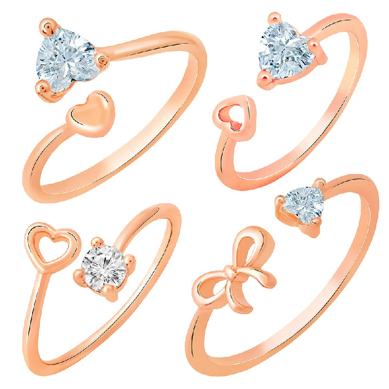 Women’s wedding band rings-Mahi Rose Gold Plated Combo of 4 Heart Shaped Adjustable Finger Rings with Cubic Zirconia for Women (CO1105442Z)