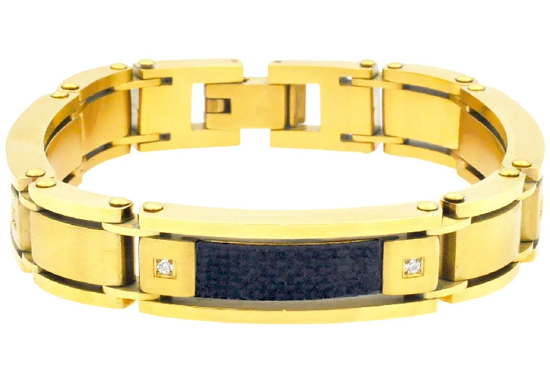 Women’s handmade bangles-Mens Stainless Gold Plated Steel Bracelet With Carbon Fiber And Cubic Zirconia