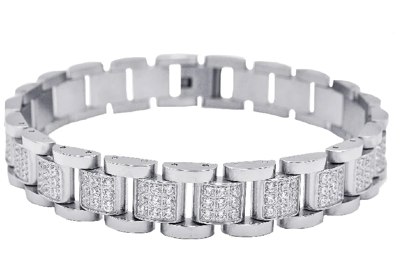 Women’s exotic bracelets-Mens Stainless Steel Link Bracelet With Cubic Zirconia