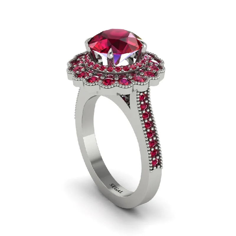 Women’s engagement rings with twisted band-Ruby Double Halo Cathedral Engagement Ring - Deirdre No. 57