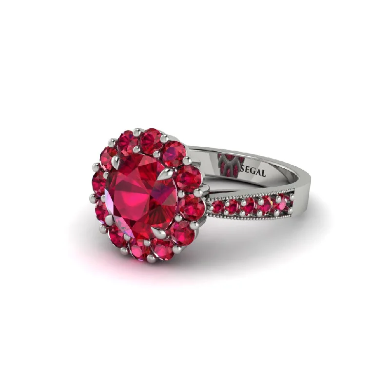 Women’s two-stone engagement rings-Ruby Round Halo Engagement Ring - Unity No. 57