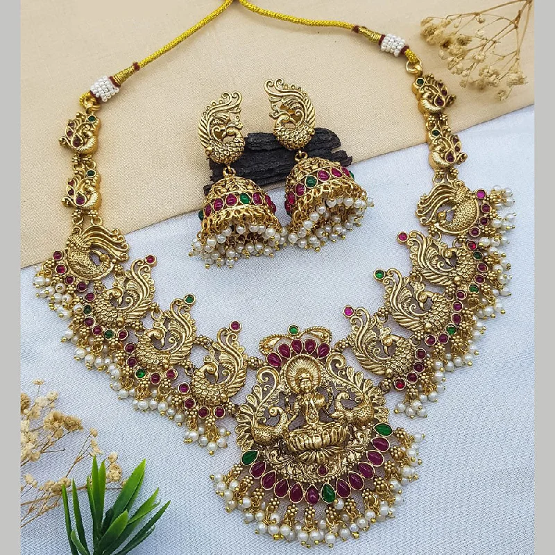 Women’s bridal necklaces-Sangita Creation  Copper Gold  Pota Stone Temple Long  Necklace Set