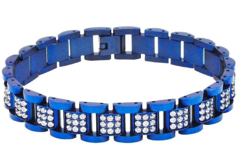 Women’s unique bangles-Mens Blue Stainless Steel Link Bracelet With Cubic Zirconia