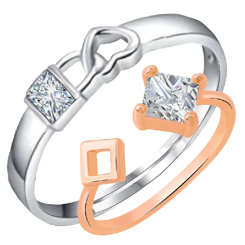 Women’s two-tone rings-Mahi Valentine Gifts Lock Heart and Square Shaped Adjustable Couple Ring with Cubic Zirconia (FRCO1103182M)