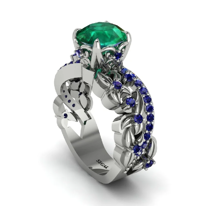 Women’s classic engagement rings-Round Floral Cathedral Emerald Engagement Ring - Lindsay No. 66