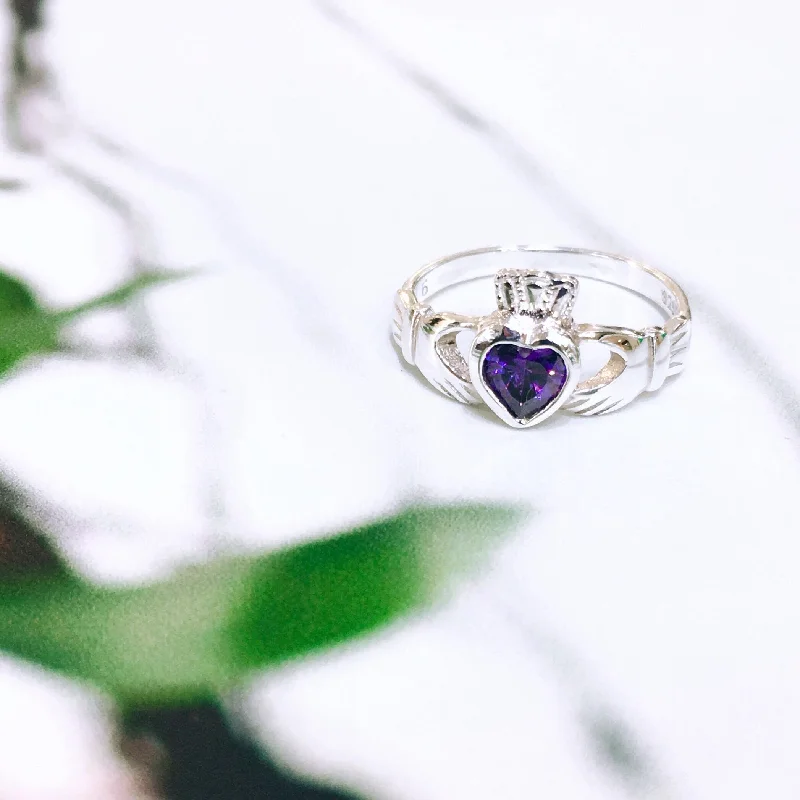 Women’s geometric rings-Sterling Silver Amethyst Zirconia Claddagh Ring