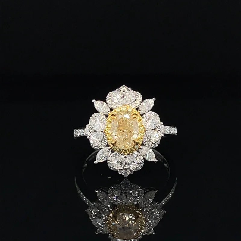 Women’s engagement rings with double halo-Fancy Yellow & White Diamond Floral Cluster Vintage Engagement Ring in 18k Two-Tone Gold - #529 - RGDIA668960