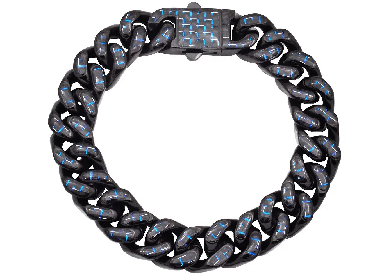 Women’s classic bracelets-Men's 12mm Black Plated Stainless Steel Cuban Link Chain Bracelet With Blue Carbon Fiber