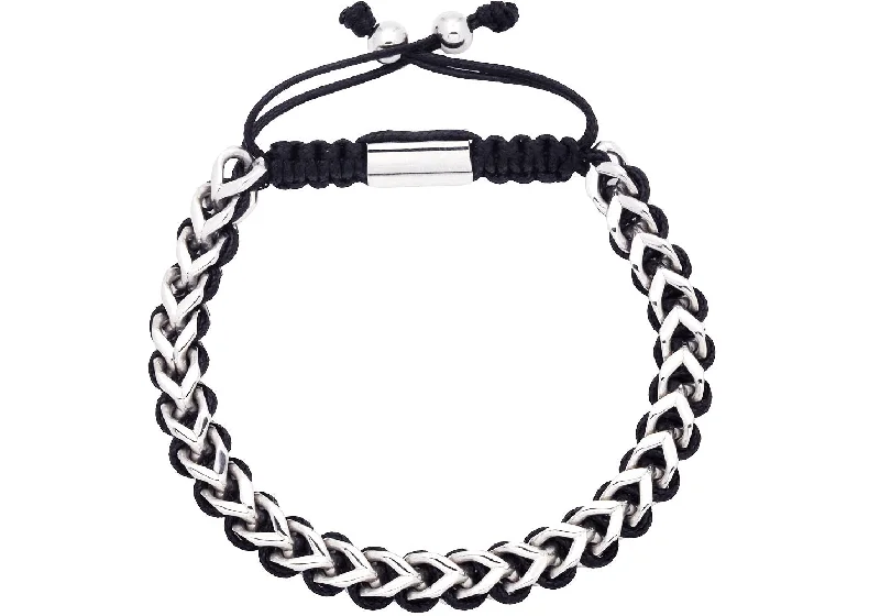 Women’s floral bracelets-Men's Polished Stainless Steel 6mm Franco Link Black Drawstring Bracelet