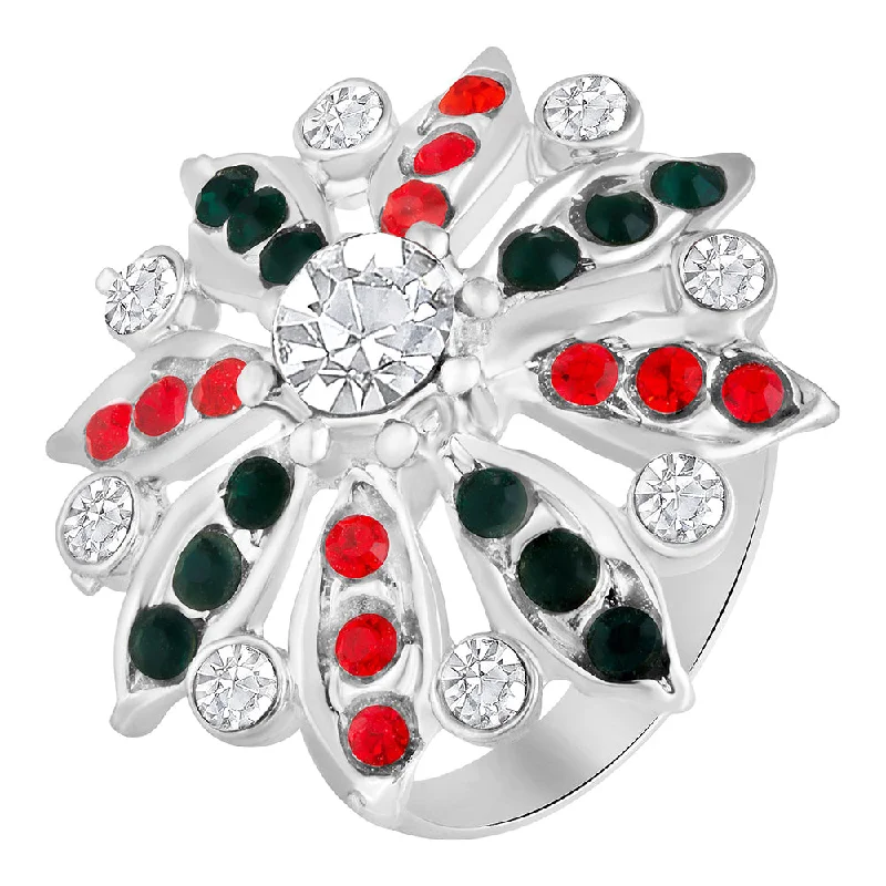 Women’s statement rings-Mahi Floral Look Adjustable Finger Ring with Red, Green Artificial Pearl & Crystal for Women (FR1103192RGreRed)