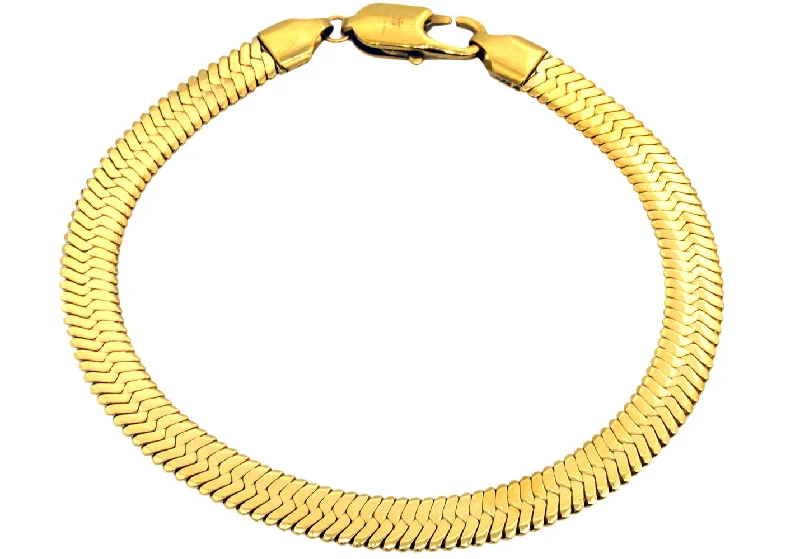 Women’s designer bangles-Mens Gold Plated Stainless Steel Herringbone Link Chain Bracelet