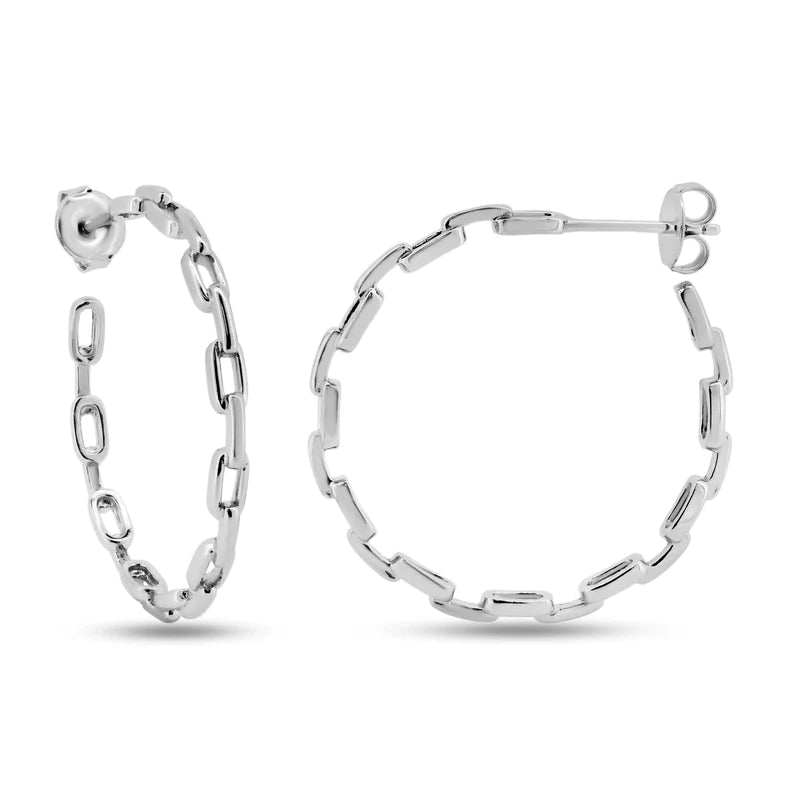 Women’s trendy earrings-Silver 925 Rhodium Plated Link Design Semi Hoop Earrings