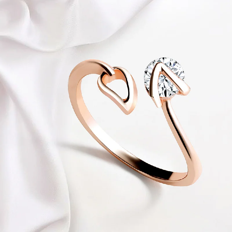 Women’s platinum rings-Mahi Rose Gold Plated Leaf Shaped Adjustable Finger Ring with Cubic Zirconia for Women (FR1103172ZWhi)