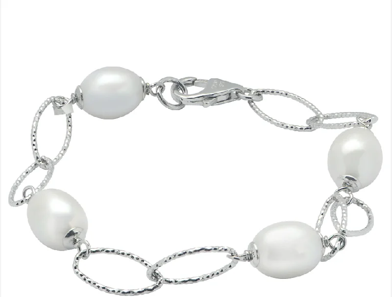 Women’s rhinestone bracelets-Sterling Silver 8.5-9mm Oval Freshwater Pearl Station Bracelet