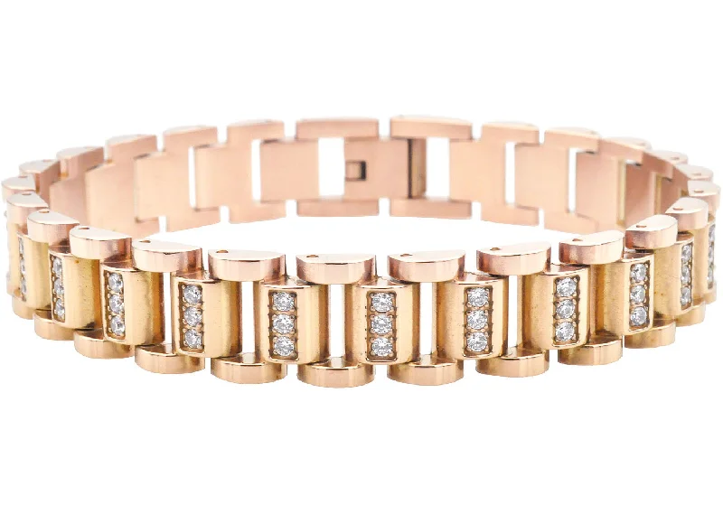 Women’s thin bracelets-Mens Rose Gold Stainless Steel Watch Link Bracelet With Cubic Zirconia