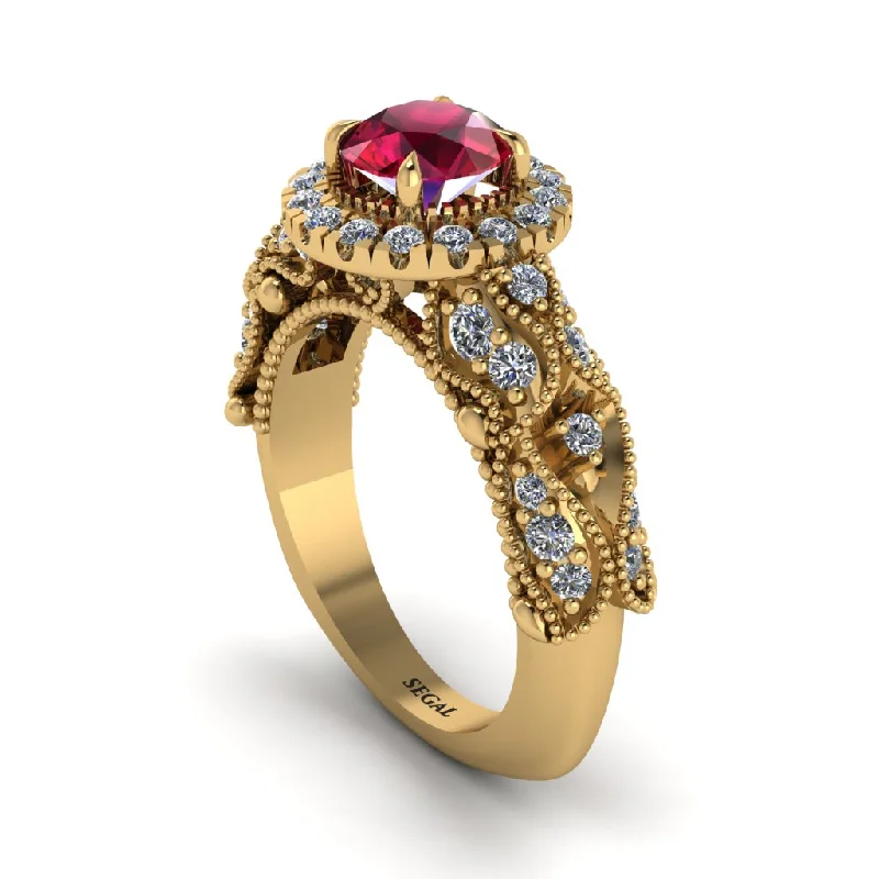 Women’s rose gold engagement rings-Exclusive Halo Ruby Milgrain Engagement Ring - Kendra No. 10