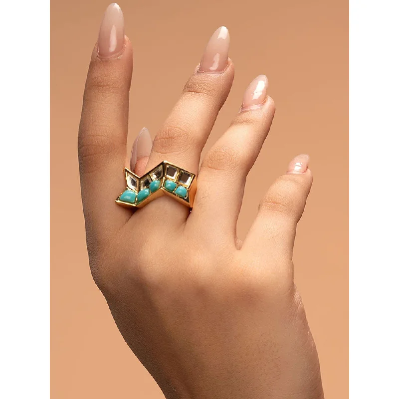 Women’s fashionable wedding rings-Isharya Glow Turquoise Zigzag Ring In 18Kt Gold Plated