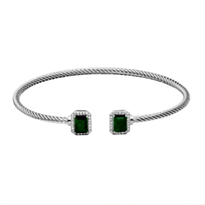 Women’s ethnic bangles-Sterling Silver Emerald Cut Dyed Green Corundum & White Topaz Cuff Bracelet by Samuel B.