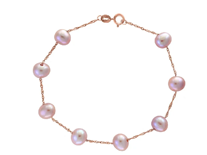 Women’s chic bangles-14K Rose Gold 6-6.5mm Natural Pink Freshwater Pearl Station Bracelet