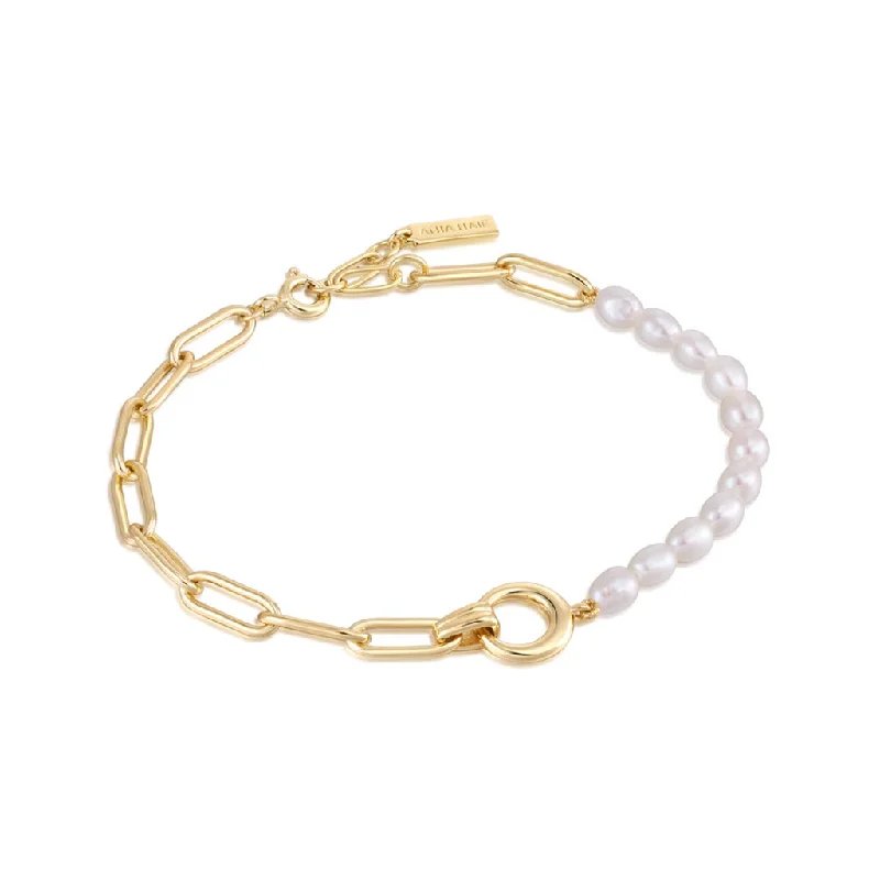 Women’s floral bracelets-14K Yellow Gold Plated Paperclip Chain & Pearl Strand Bracelet by Ania Haie